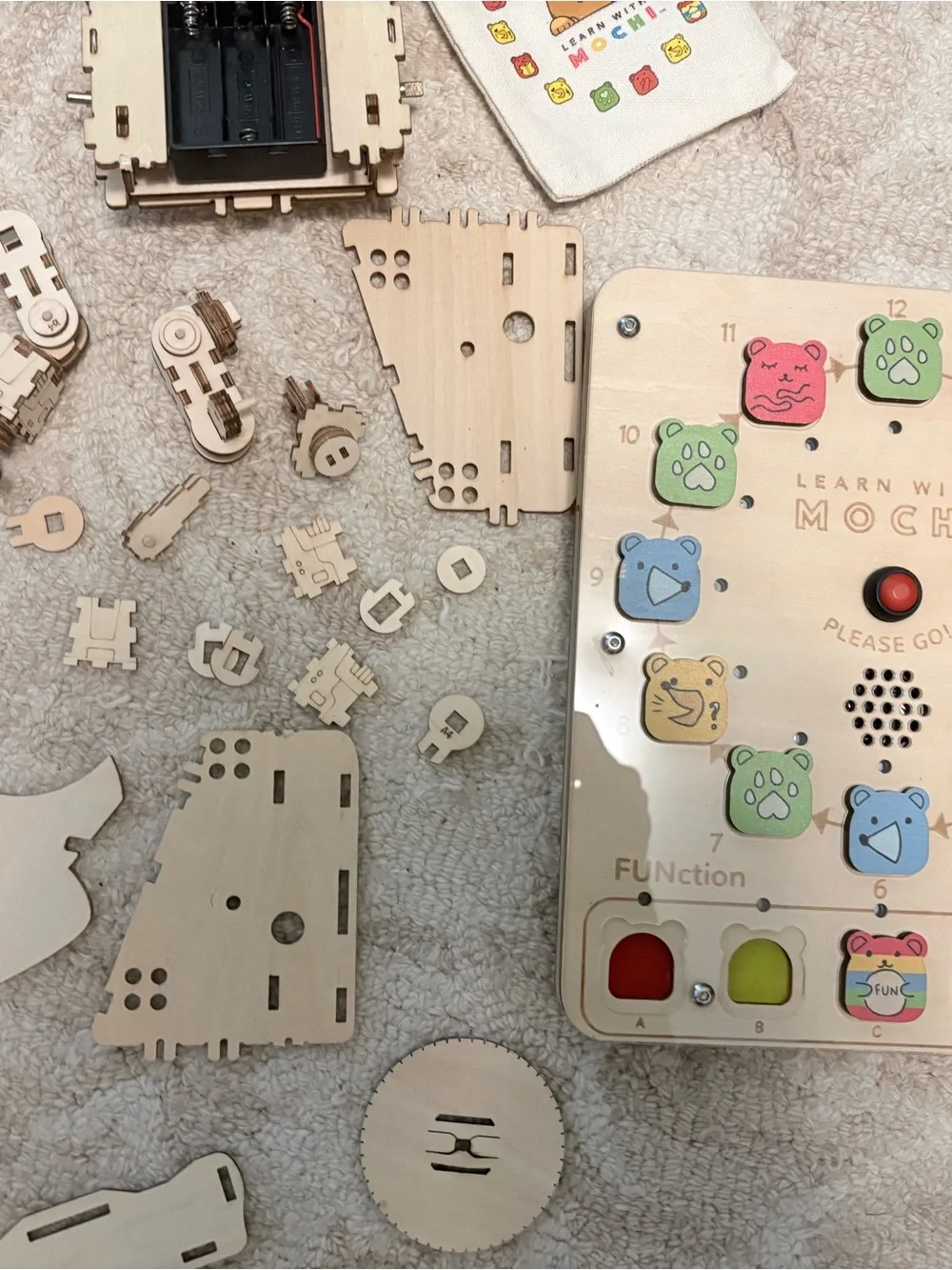 Wooden Kids Activity Rover Toy - Natural Wood with Colorful Buttons